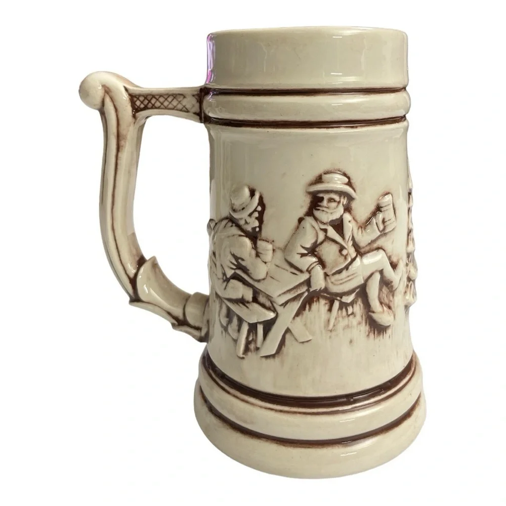 Vintage Ceramic Beer Mug Stein Brown Pine Tree And Cabin, No Chips Or Cracks